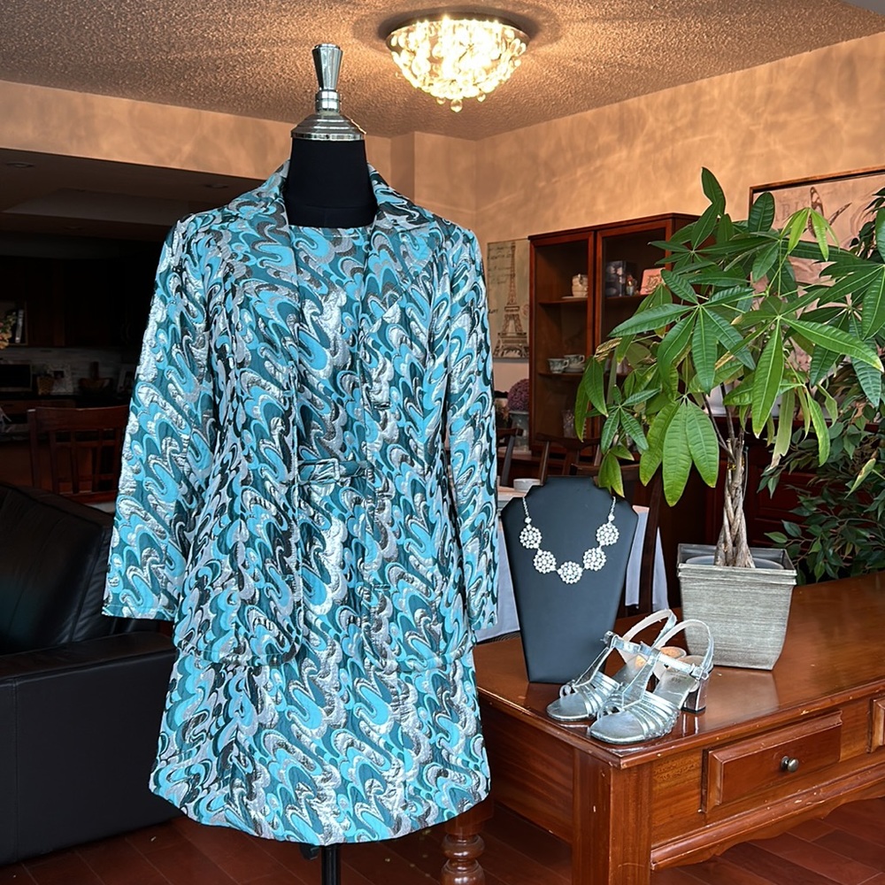 RARE Vintage 1960’s Mod Size 4 Dress & Jacket Silver Blue Lame Brocade